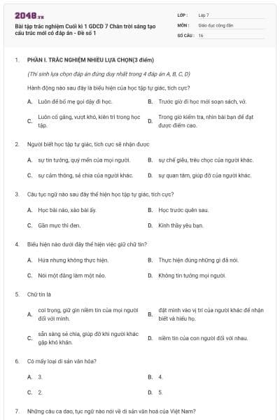 Bài tập trắc nghiệm Cuối kì 1 GDCD 7 Chân trời sáng tạo cấu trúc mới có đáp án - Đề số 1