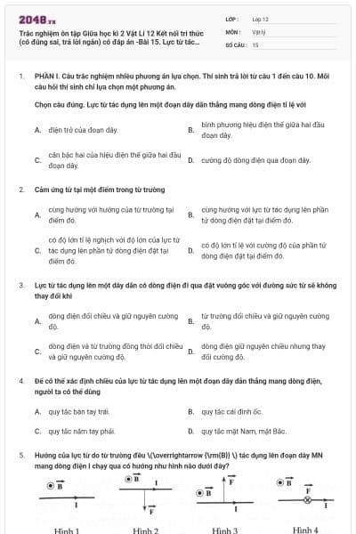 Trắc nghiệm ôn tập Giữa học kì 2 Vật Lí 12 Kết nối tri thức (có đúng sai, trả lời ngắn) có đáp án -Bài 15. Lực từ tác dụng lên dây dẫn mang dòng điện. Cảm ứng từ
