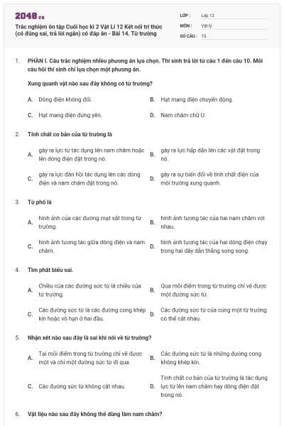 Trắc nghiệm ôn tập Cuối học kì 2 Vật Lí 12 Kết nối tri thức (có đúng sai, trả lời ngắn) có đáp án - Bài 14. Từ trường