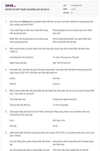 ĐỀ ÔN THI THPT QUỐC GIA MÔN LỊCH SỬ (Đề 9)