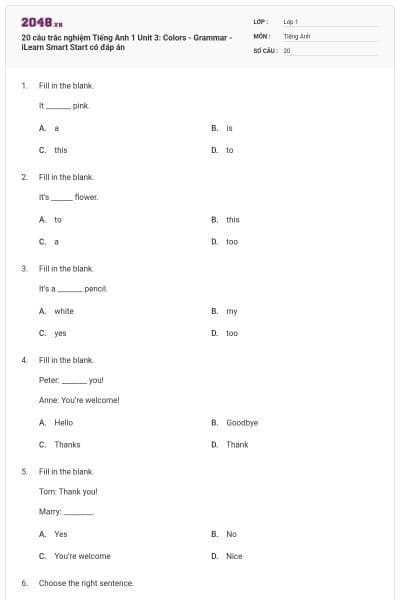20 câu trắc nghiệm Tiếng Anh 1 Unit 3: Colors - Grammar - iLearn Smart Start có đáp án