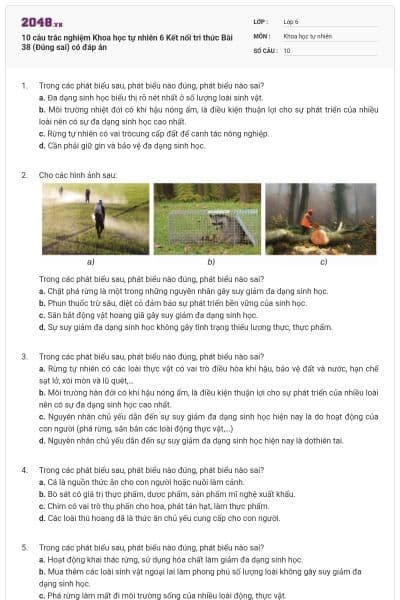 10 câu trắc nghiệm Khoa học tự nhiên 6 Kết nối tri thức Bài 38 (Đúng sai) có đáp án