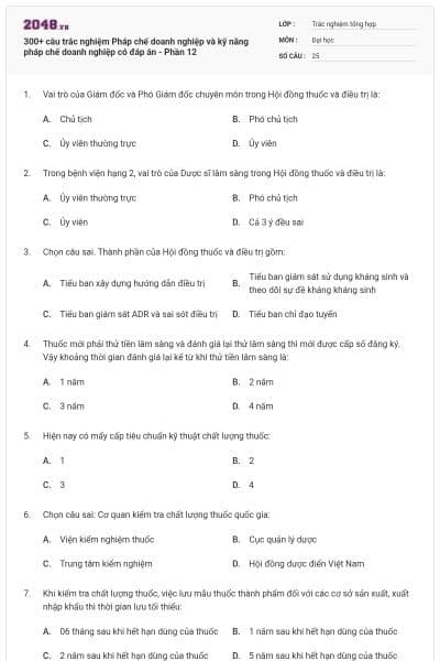 300+ câu trắc nghiệm Pháp chế doanh nghiệp và kỹ năng pháp chế doanh nghiệp có đáp án - Phần 12