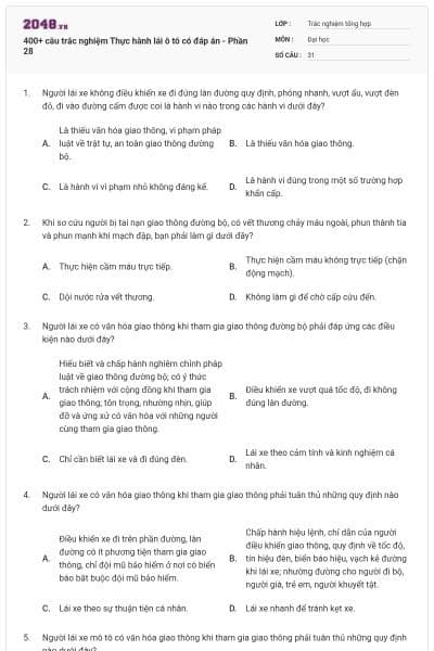400+ câu trắc nghiệm Thực hành lái ô tô có đáp án - Phần 28