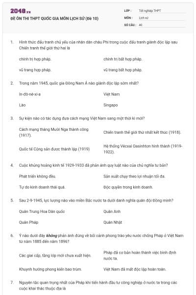 ĐỀ ÔN THI THPT QUỐC GIA MÔN LỊCH SỬ (Đề 10)