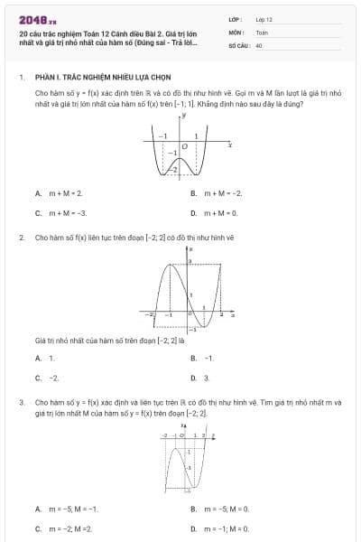 20 câu trắc nghiệm Toán 12 Cánh diều Bài 2. Giá trị lớn nhất và giá trị nhỏ nhất của hàm số (Đúng sai - Trả lời ngắn) có đáp án