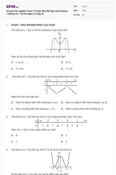 25 câu trắc nghiệm Toán 12 Cánh diều Bài tập cuối chương 1 (Đúng sai - Trả lời ngắn) có đáp án