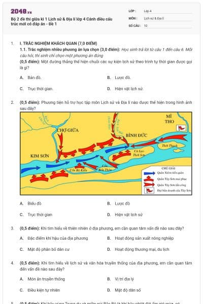Bộ 2 đề thi giữa kì 1 Lịch sử & Địa lí lớp 4 Cánh diều cấu trúc mới có đáp án - Đề 1