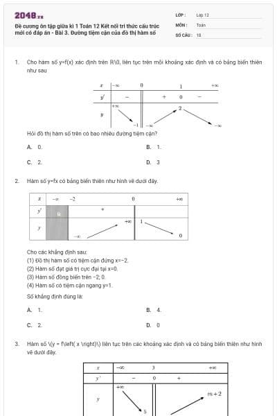 Đề cương ôn tập giữa kì 1 Toán 12 Kết nối tri thức cấu trúc mới có đáp án - Bài 3. Đường tiệm cận của đồ thị hàm số