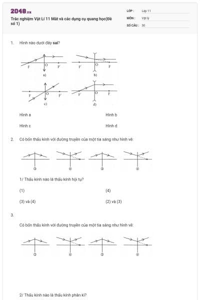 Trắc nghiệm Vật Lí 11 Mắt và các dụng cụ quang học(Đề số 1)