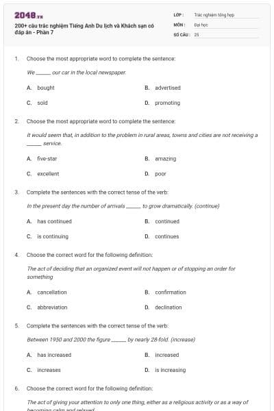 200+ câu trắc nghiệm Tiếng Anh Du lịch và Khách sạn có đáp án - Phần 7
