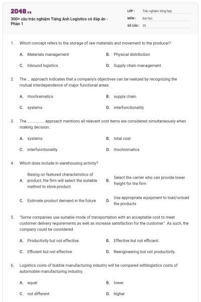 300+ câu trắc nghiệm Tiếng Anh Logistics có đáp án - Phần 1