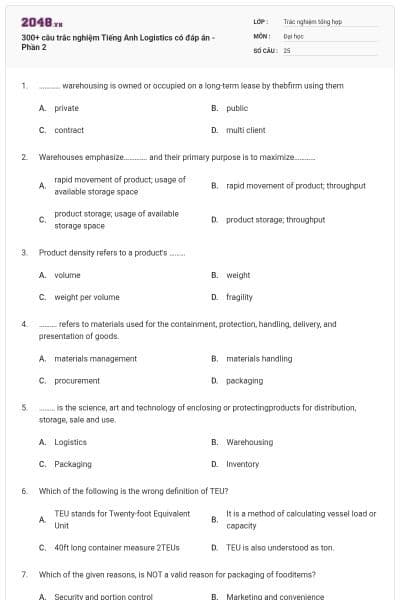 300+ câu trắc nghiệm Tiếng Anh Logistics có đáp án - Phần 2