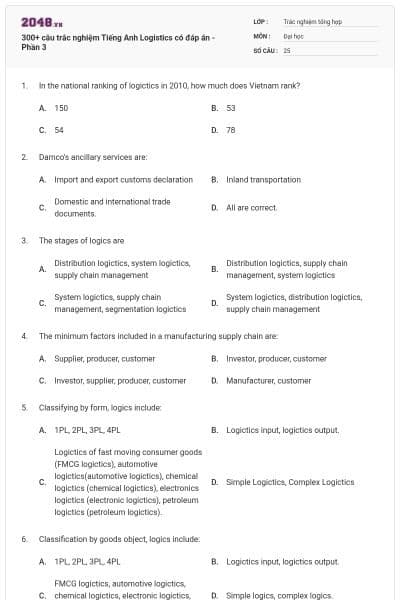 300+ câu trắc nghiệm Tiếng Anh Logistics có đáp án - Phần 3