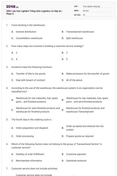300+ câu trắc nghiệm Tiếng Anh Logistics có đáp án - Phần 5