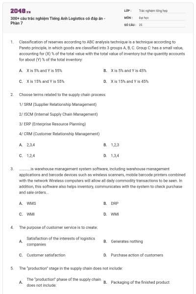 300+ câu trắc nghiệm Tiếng Anh Logistics có đáp án - Phần 7