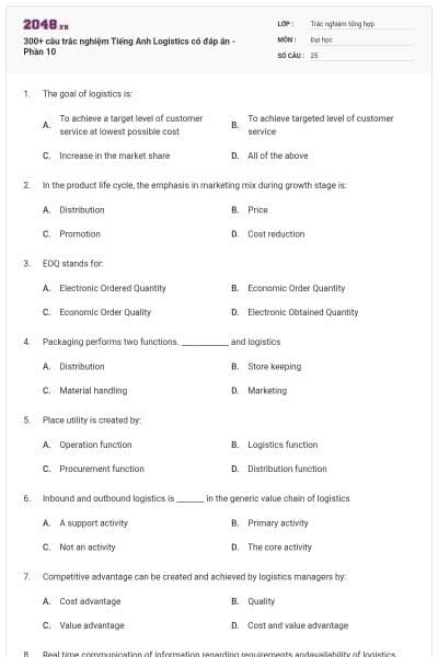 300+ câu trắc nghiệm Tiếng Anh Logistics có đáp án - Phần 10