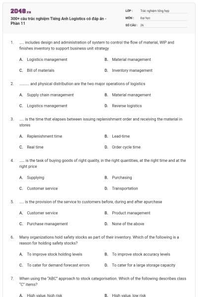 300+ câu trắc nghiệm Tiếng Anh Logistics có đáp án - Phần 11
