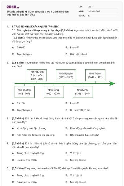 Bộ 2 đề thi giữa kì 1 Lịch sử & Địa lí lớp 4 Cánh diều cấu trúc mới có đáp án - Đề 2