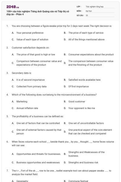 100+ câu trắc nghiệm Tiếng Anh Quảng cáo và Tiếp thị có đáp án - Phần 4