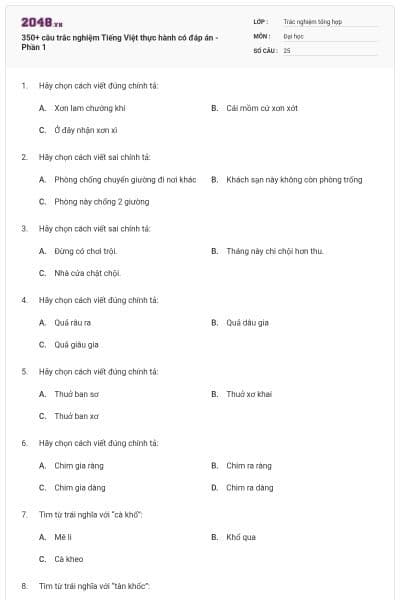 350+ câu trắc nghiệm Tiếng Việt thực hành có đáp án - Phần 1