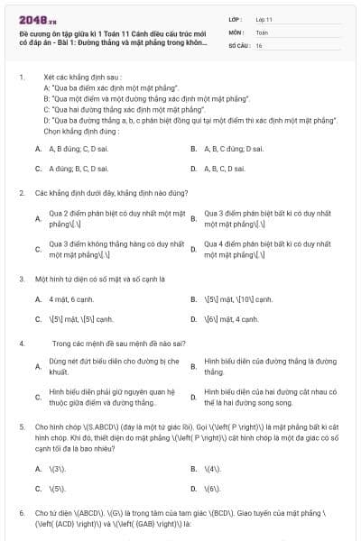 Đề cương ôn tập giữa kì 1 Toán 11 Cánh diều cấu trúc mới có đáp án - Bài 1: Đường thẳng và mặt phẳng trong không gian