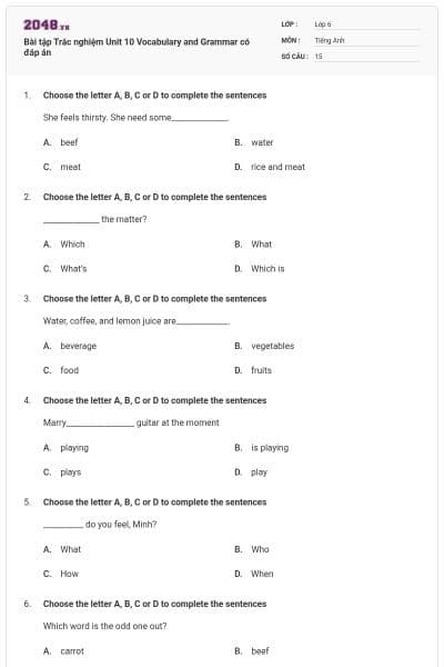 Bài tập Trắc nghiệm Unit 10 Vocabulary and Grammar có đáp án