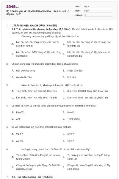 Bộ 3 đề thi giữa kì 1 Địa lí 6 Kết nối tri thức cấu trúc mới có đáp án - Đề 2