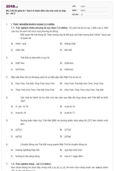 Bộ 3 đề thi giữa kì 1 Địa lí 6 Cánh diều cấu trúc mới có đáp án - Đề 2