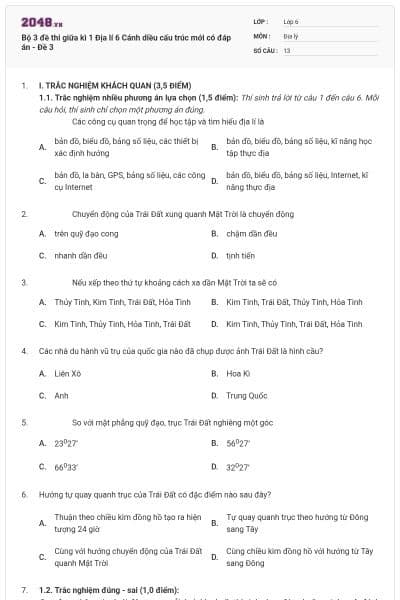 Bộ 3 đề thi giữa kì 1 Địa lí 6 Cánh diều cấu trúc mới có đáp án - Đề 3