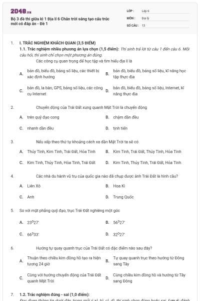 Bộ 3 đề thi giữa kì 1 Địa lí 6 Chân trời sáng tạo cấu trúc mới có đáp án - Đề 1