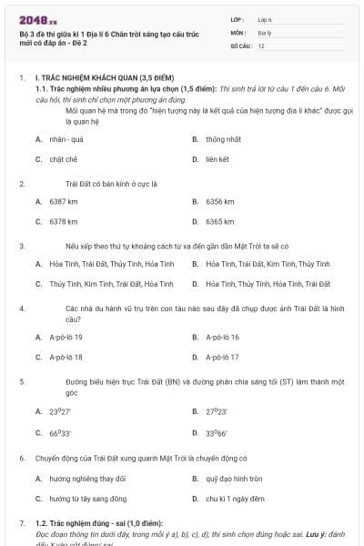 Bộ 3 đề thi giữa kì 1 Địa lí 6 Chân trời sáng tạo cấu trúc mới có đáp án - Đề 2