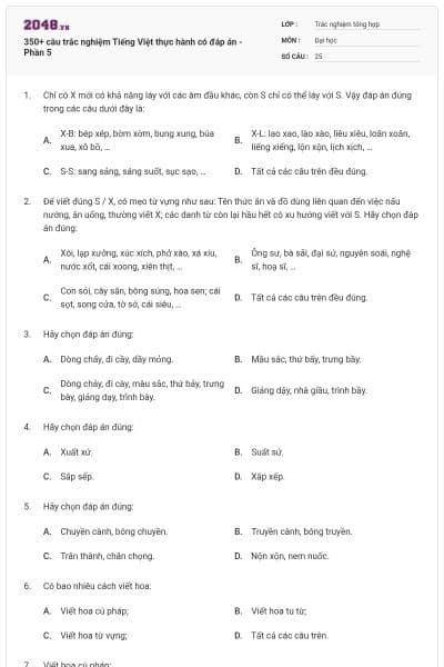 350+ câu trắc nghiệm Tiếng Việt thực hành có đáp án - Phần 5