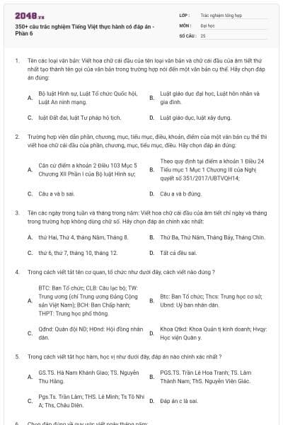 350+ câu trắc nghiệm Tiếng Việt thực hành có đáp án - Phần 6