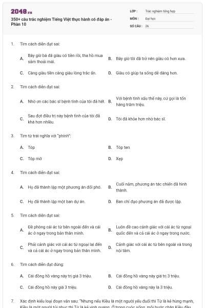 350+ câu trắc nghiệm Tiếng Việt thực hành có đáp án - Phần 10