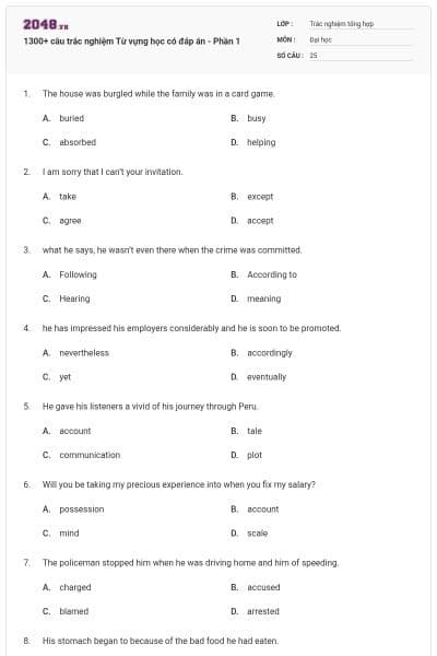 1300+ câu trắc nghiệm Từ vựng học có đáp án - Phần 1