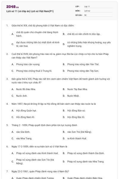 Lịch sử 11 (có đáp án) Lịch sử Việt Nam(P1)