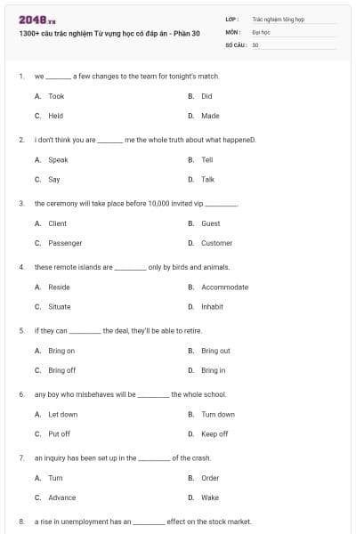 1300+ câu trắc nghiệm Từ vựng học có đáp án - Phần 30