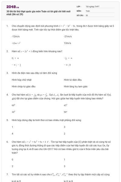 30 Đề thi thử thpt quốc gia môn Toán có lời giải chi tiết mới nhất (Đề số 29)