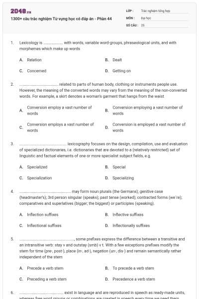 1300+ câu trắc nghiệm Từ vựng học có đáp án - Phần 44