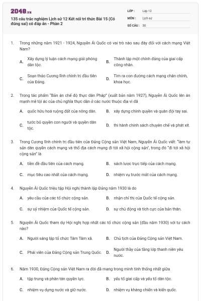 135 câu trắc nghiệm Lịch sử 12 Kết nối tri thức Bài 15 (Có đúng sai) có đáp án - Phần 2