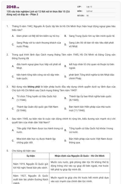 135 câu trắc nghiệm Lịch sử 12 Kết nối tri thức Bài 15 (Có đúng sai) có đáp án - Phần 3