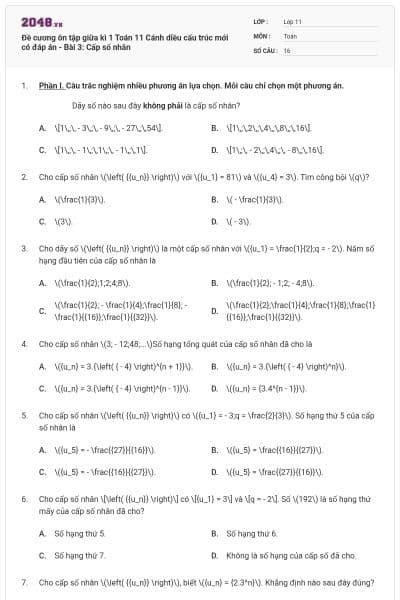 Đề cương ôn tập giữa kì 1 Toán 11 Cánh diều cấu trúc mới có đáp án - Bài 3: Cấp số nhân