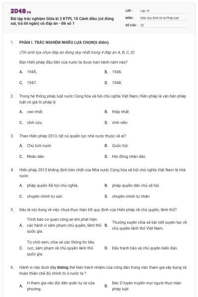 Bài tập trắc nghiệm Giữa kì 2 KTPL 10 Cánh diều (có đúng sai, trả lời ngắn) có đáp án - Đề số 1