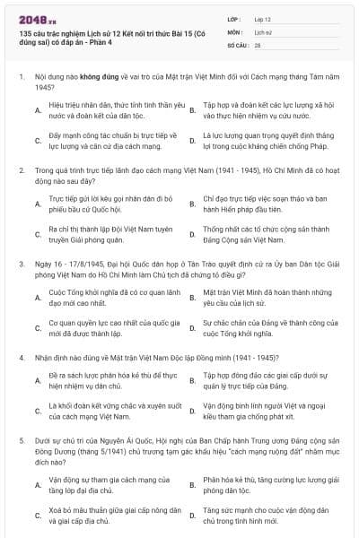 135 câu trắc nghiệm Lịch sử 12 Kết nối tri thức Bài 15 (Có đúng sai) có đáp án - Phần 4
