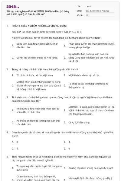 Bài tập trắc nghiệm Cuối kì 2 KTPL 10 Cánh diều (có đúng sai, trả lời ngắn) có đáp án - Đề số 1