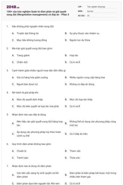 100+ câu trắc nghiệm Quản trị đàm phán và giải quyết xung đột (Nergotiation management) có đáp án - Phần 3