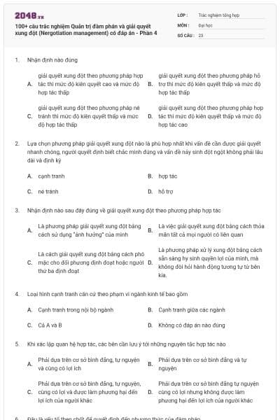 100+ câu trắc nghiệm Quản trị đàm phán và giải quyết xung đột (Nergotiation management) có đáp án - Phần 4