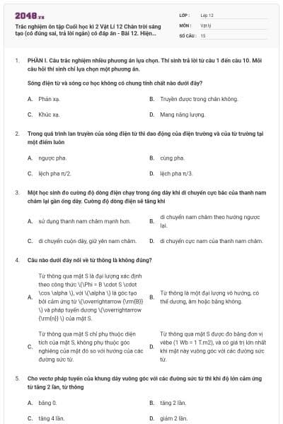 Trắc nghiệm ôn tập Cuối học kì 2 Vật Lí 12 Chân trời sáng tạo (có đúng sai, trả lời ngắn) có đáp án - Bài 12. Hiện tượng cảm ứng điện từ