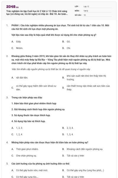 Trắc nghiệm ôn tập Cuối học kì 2 Vật Lí 12 Chân trời sáng tạo (có đúng sai, trả lời ngắn) có đáp án -Bài 18. An toàn phóng xạ